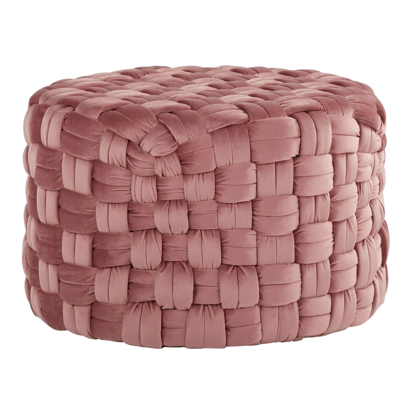 The Braided - Versatile Round Ottoman features a chunky, woven texture in dusty rose pink fabric for a soft and cozy look.