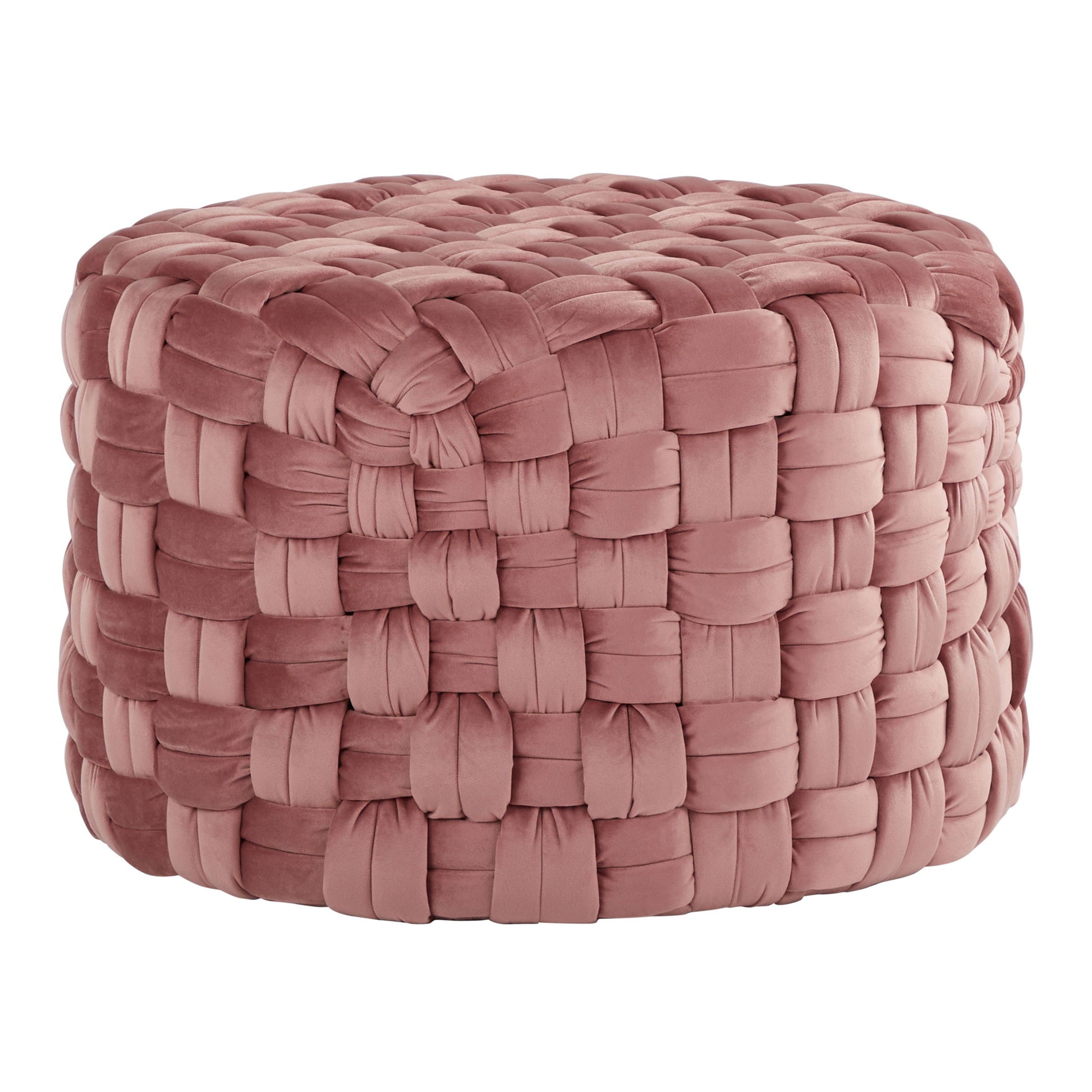 The Braided - Versatile Round Ottoman features a chunky, woven texture in dusty rose pink fabric for a soft and cozy look.