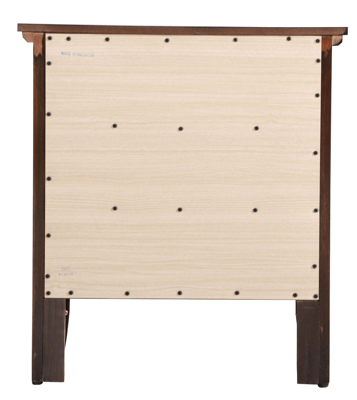 The image shows the back view of the Hammond 3 Drawer Nightstand, featuring a light-colored panel secured by screws and a dark brown frame with matching legs.