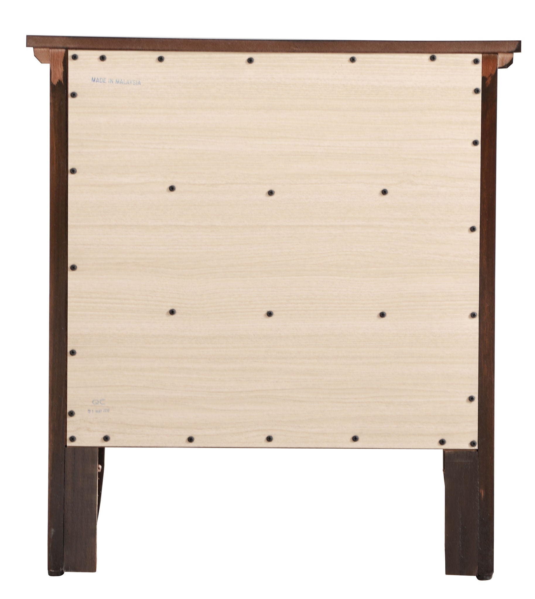 The image shows the back view of the Hammond 3 Drawer Nightstand, featuring a light-colored panel secured by screws and a dark brown frame with matching legs.