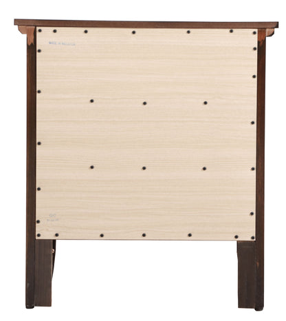 The image shows the back view of the Hammond 3 Drawer Nightstand, featuring a light-colored panel secured by screws and a dark brown frame with matching legs.