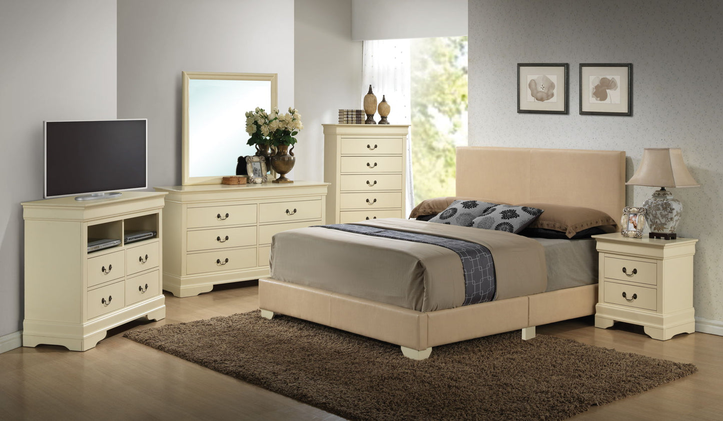 A spacious, modern bedroom features the Elegant Platform Bed For Relaxed Spaces, cream-colored furniture, two dressers, a nightstand with a lamp, TV, mirror, rug, and light walls adorned with framed artwork near the window.