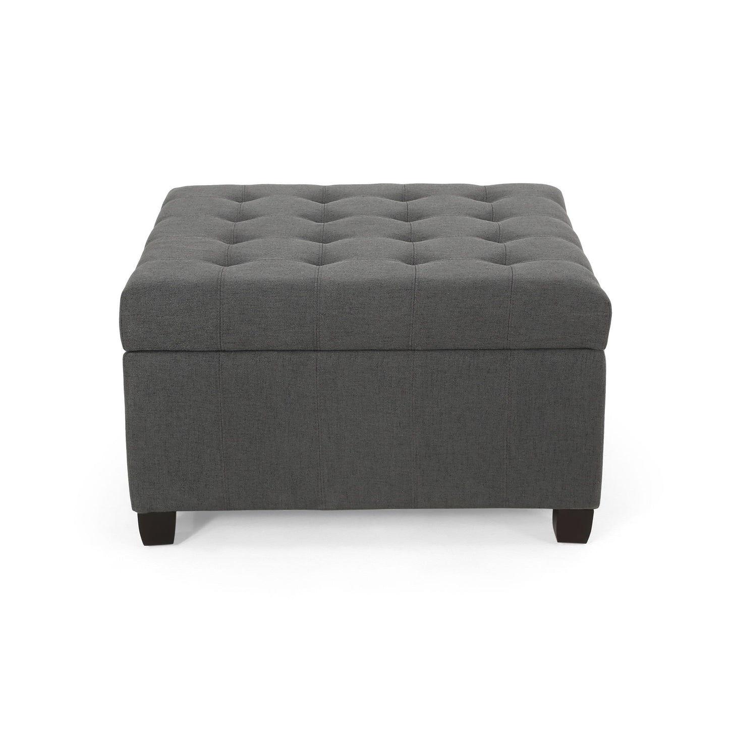 The Isabella Contemporary Ottoman With Storage features a square dark gray upholstered design, tufted button top, and short black legs, shown from the front against a white background.