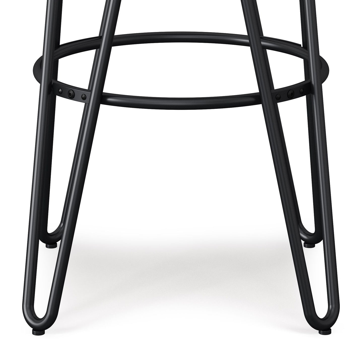 Close-up of the black metal legs and footrest ring of the Simeon Multifunctional Metal Stool With Wood Seat. The legs are rounded and triangular, joined by a circular support, shown against a white background.