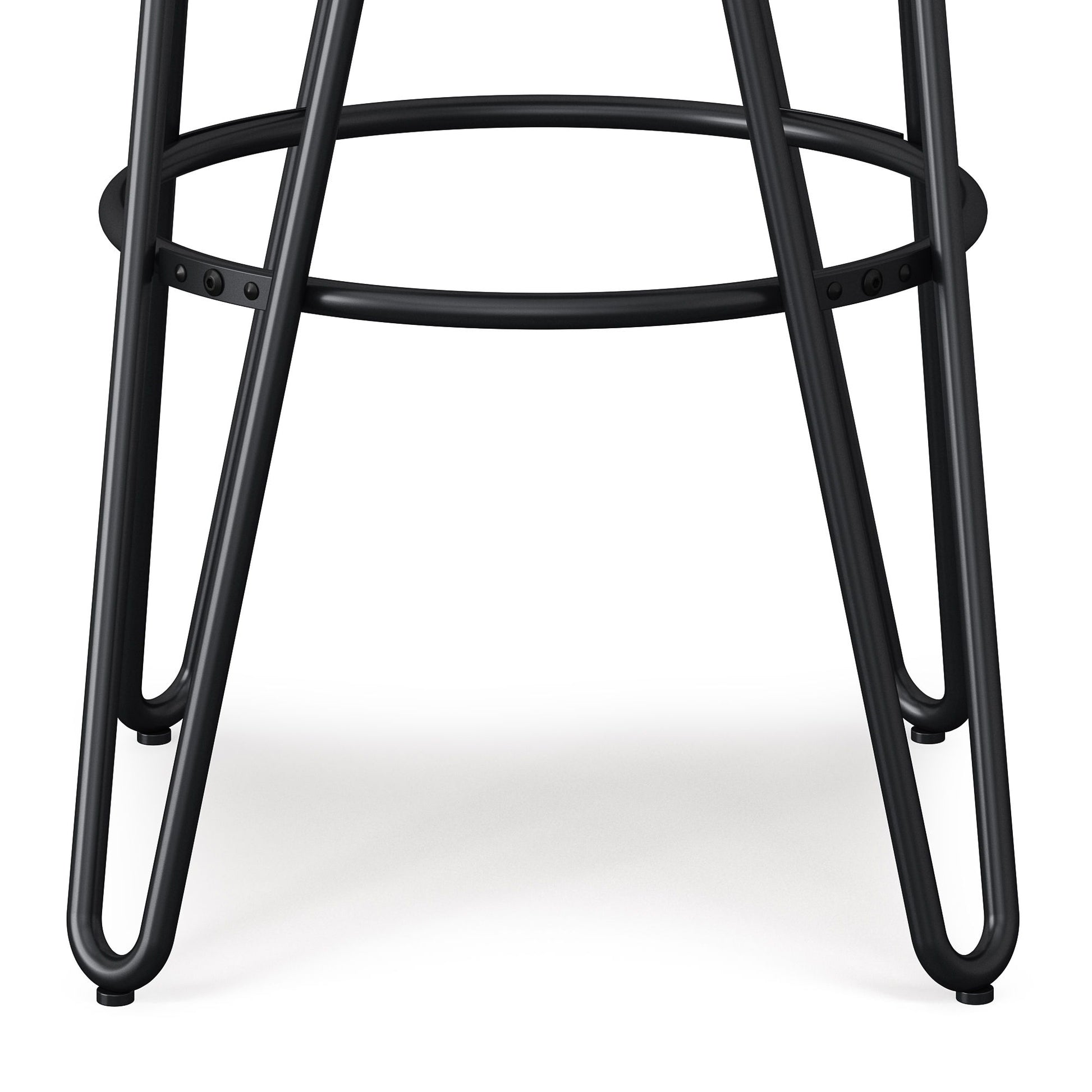 Close-up of the black metal legs and footrest ring of the Simeon Multifunctional Metal Stool With Wood Seat. The legs are rounded and triangular, joined by a circular support, shown against a white background.