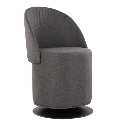The Finch - Contemporary Chair features a modern, armless design with a rounded backrest and seat in dark gray fabric, set on a circular black base.