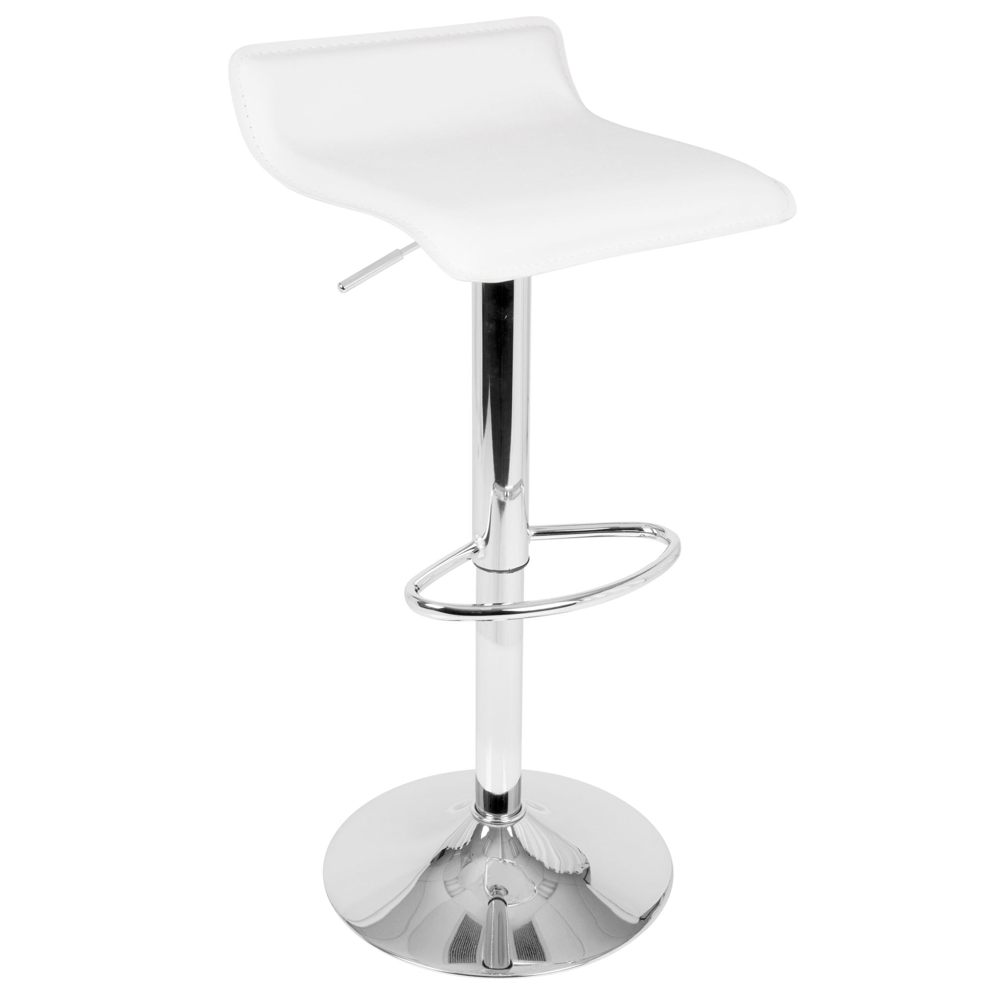 The Spyra Ale - 3 Piece Contemporary Adjustable Bar With Up Set features a modern white bar stool with a contoured seat, chrome adjustable pedestal base, and circular footrest in a sleek, minimalist design.