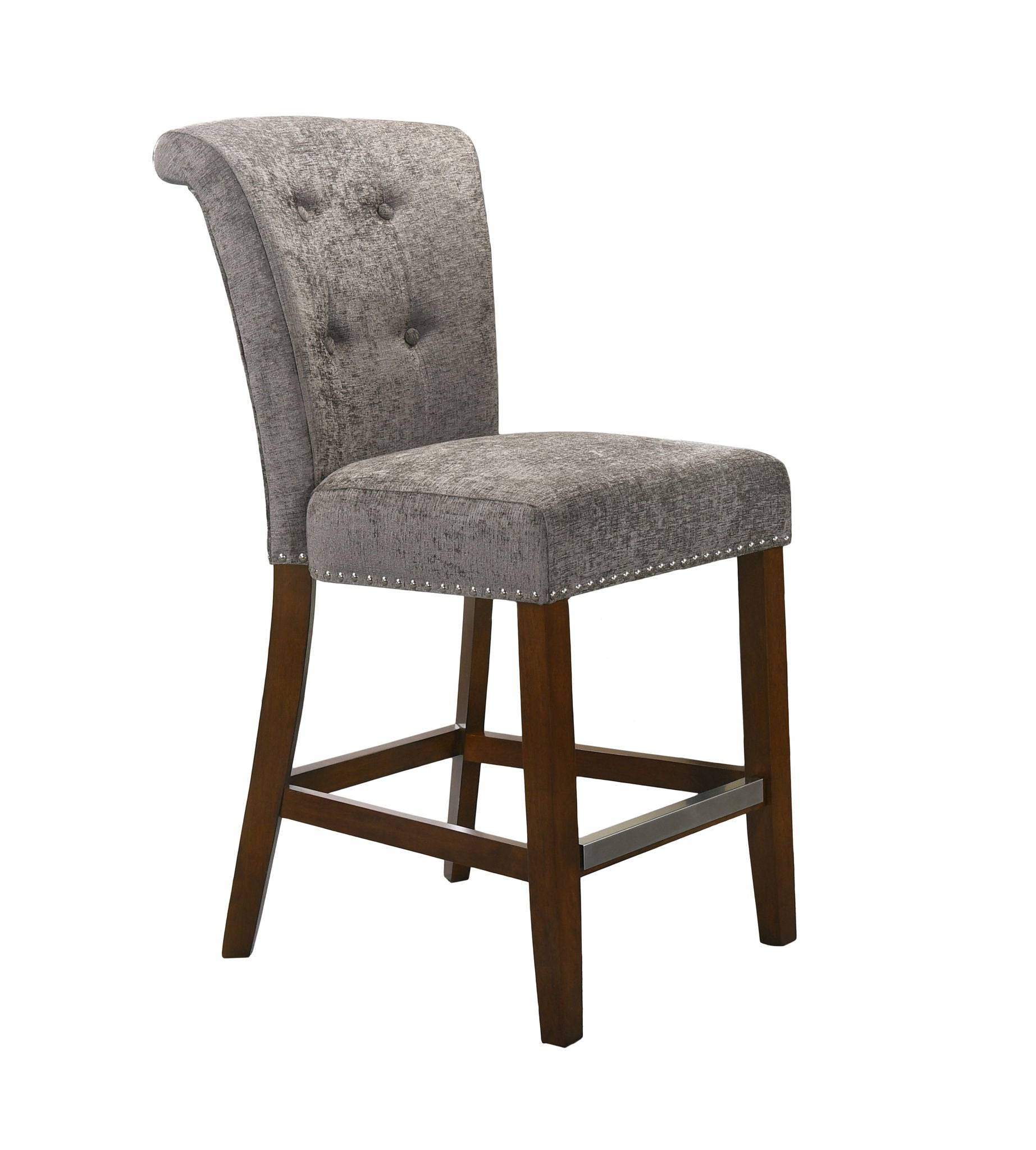 The Auggie 20.5" Fabric Counter Height Chair features a tall, curved, button-tufted gray backrest, dark wood legs with footrest, and silver nailhead trim along the seat edge.