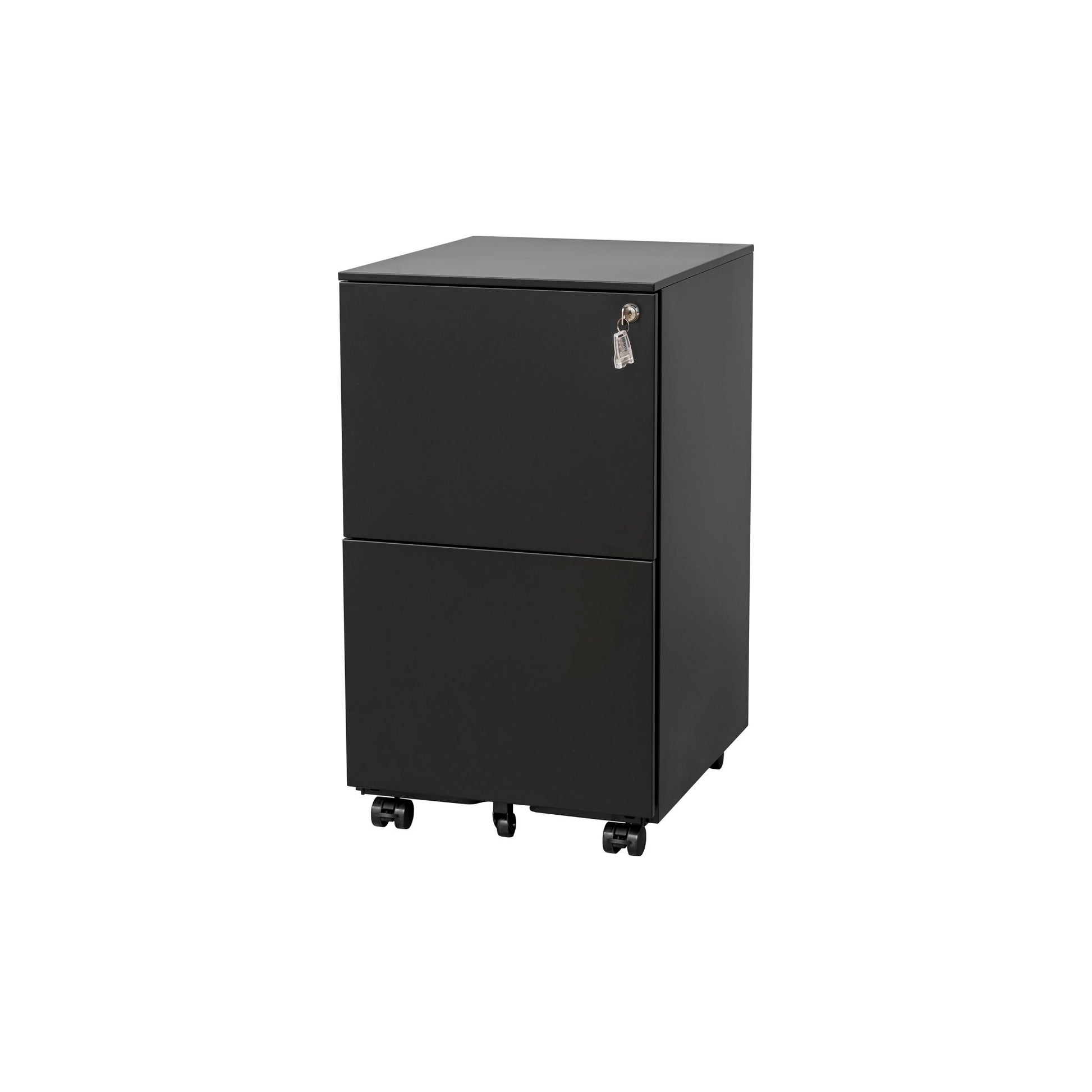 The 2 Drawer File Cabinet With Lock is a black, rectangular steel mobile filing cabinet featuring two drawers, a lock on the top drawer, and anti-tilt wheels, shown against a plain white background.