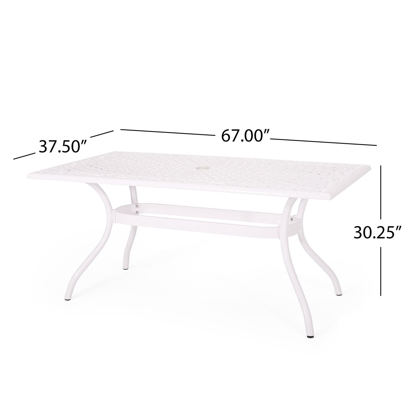 The Celestine outdoor cast aluminum dining table features a floral lattice top, curved legs, a lower support bar, and an umbrella holder. Dimensions: 67"L x 37.5"W x 30.25"H.
