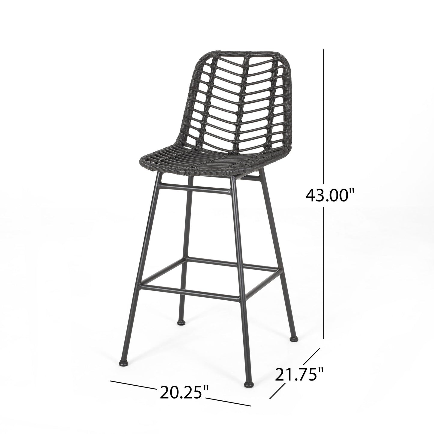 The Sawtelle Outdoor Wicker Barstools (Set of 2) feature black woven seats and backs with an open geometric pattern, high backrests, and metal legs. Each stool measures 43"H x 21.75"W x 20.25"D.