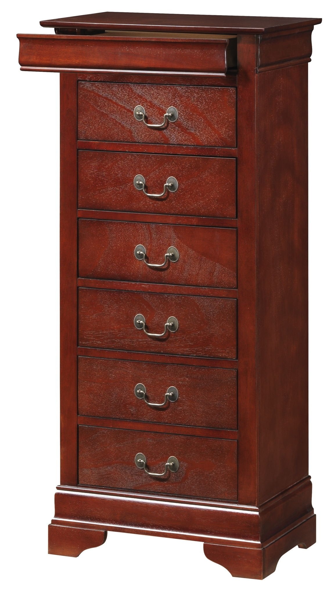 The Traditional Style Lingerie Storage Chest Timeless features six drawers with ornate metal handles, a dark wood finish, and an extended top panel for extra surface space. Its classic design adds elegance to any room.