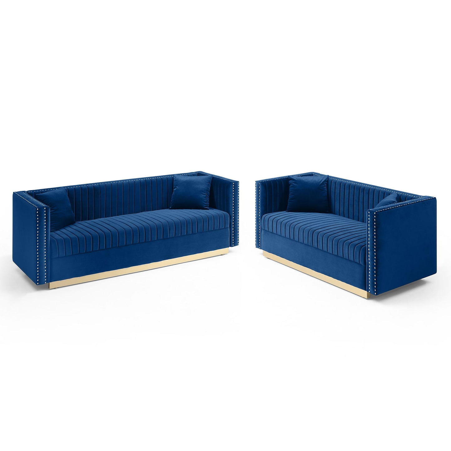 This 2-piece set includes contemporary velvet loveseats featuring vertical channel tufting, square arms, silver nailhead trim, gold-colored bases, and four matching blue pillows.