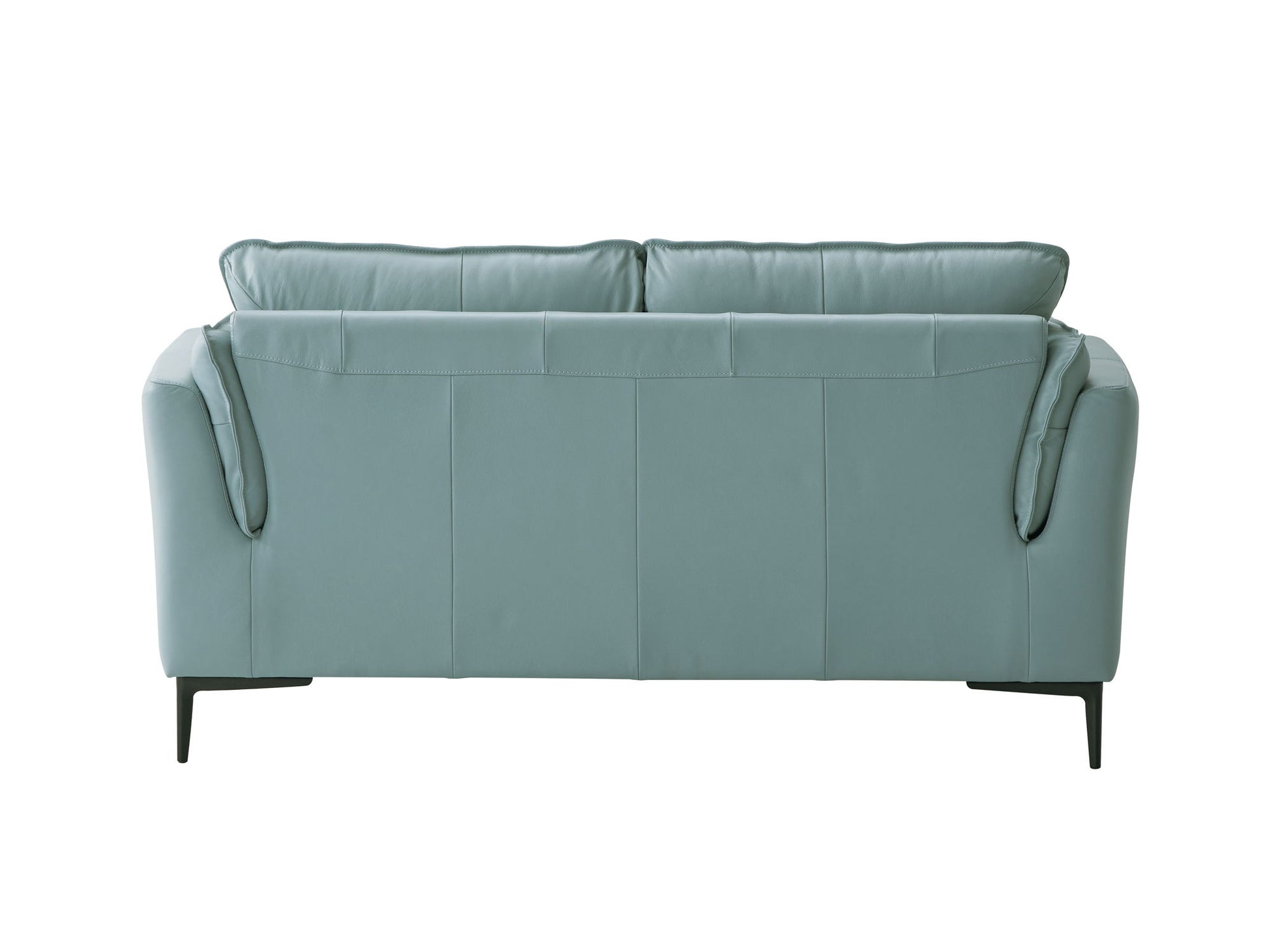 The Mesut - Top Grain Leather Loveseat in sage green features a modern design with padded cushions and slim black legs, shown from the back against a white background.