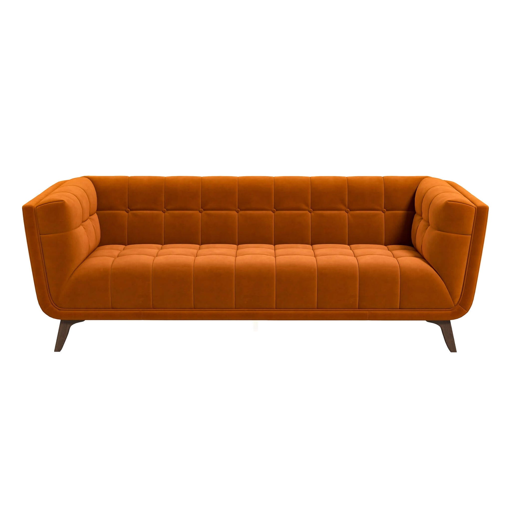 The Addison - Mid-Century Modern Design Tufted Sofa features orange velvet upholstery, a tufted backrest and seat, angled armrests, and dark wooden legs, showcased against a white background.
