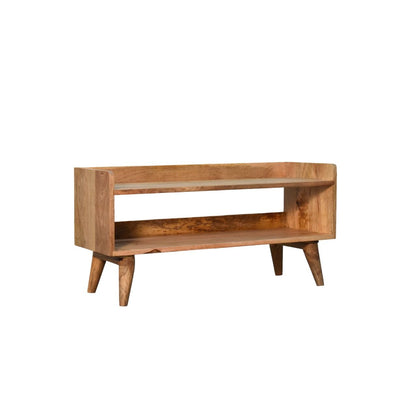 The Nordic Storage Bench is a simple, mid-century modern wooden bench with angled legs and an open shelf beneath the seat for storage, all in a natural wood finish.