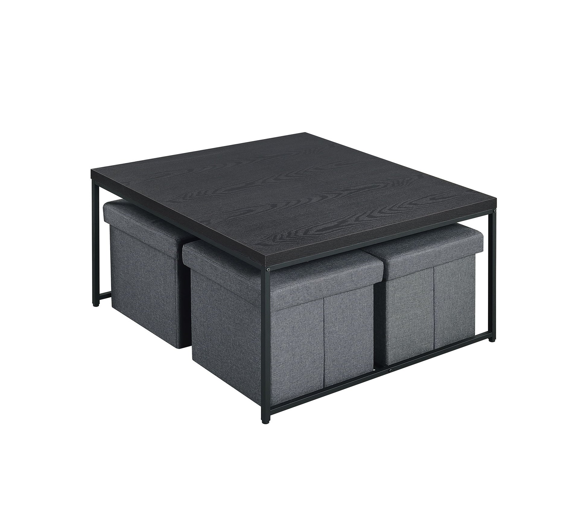 The Caitlin Wood Grain 5 Piece Coffee Table set includes a modern square table with a metal frame and four cushioned gray ottomans that fit perfectly underneath, offering both style and convenient storage.