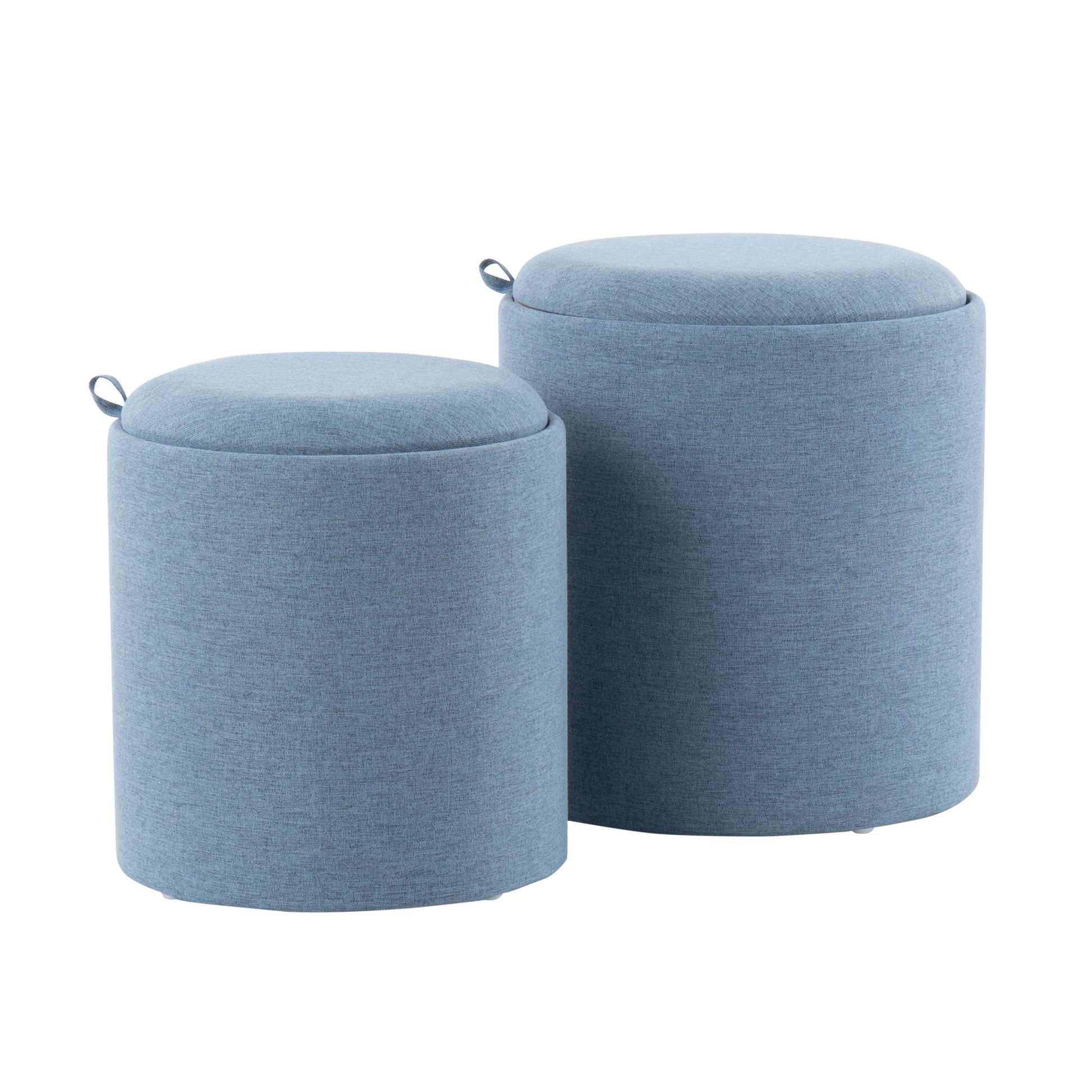 The Tray - Contemporary Nesting Ottoman Set features two blue cylindrical fabric ottomans of varying heights, each with a fitted lid and side fabric loop handle. Their simple, modern design allows them to nest together stylishly.