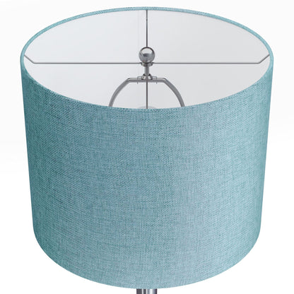 A close-up top view of the Lenuxe - Contemporary Semi Gloss Table Lamp (Set of 2), featuring a light blue cylindrical lampshade with textured fabric and an internal metal frame.