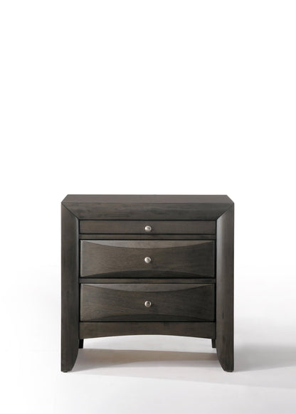 The Ireland nightstand features a dark wood finish, three curved-front drawers with metallic knobs, and stands against a white background, reflecting its elegant design.