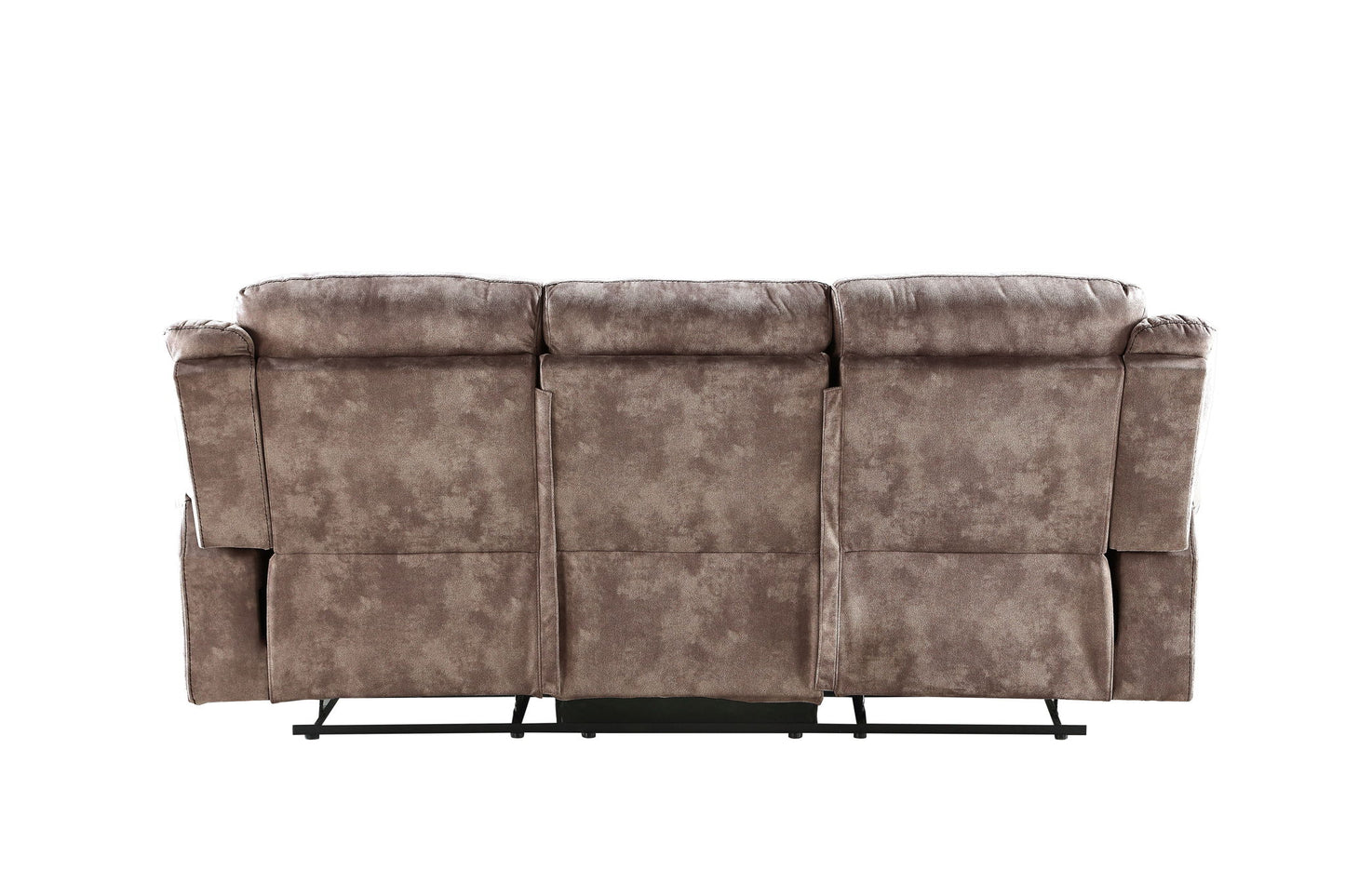 Back view of the Zubaida Two Tone Velvet Recliner Sofa featuring plush cushions, soft velvet upholstery, USB port, and a drop-down table, shown against a white background.
