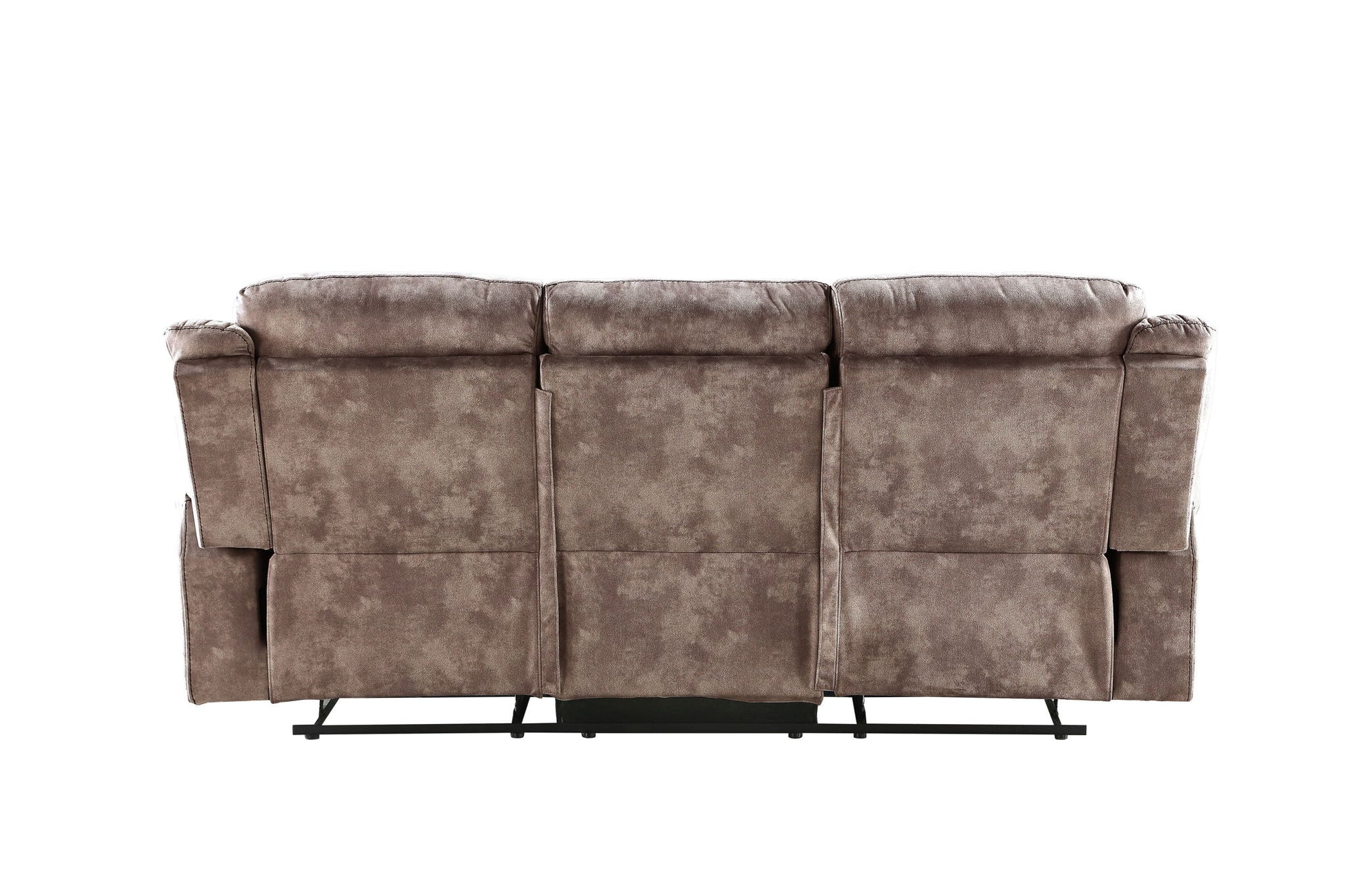 Back view of the Zubaida Two Tone Velvet Recliner Sofa featuring plush cushions, soft velvet upholstery, USB port, and a drop-down table, shown against a white background.