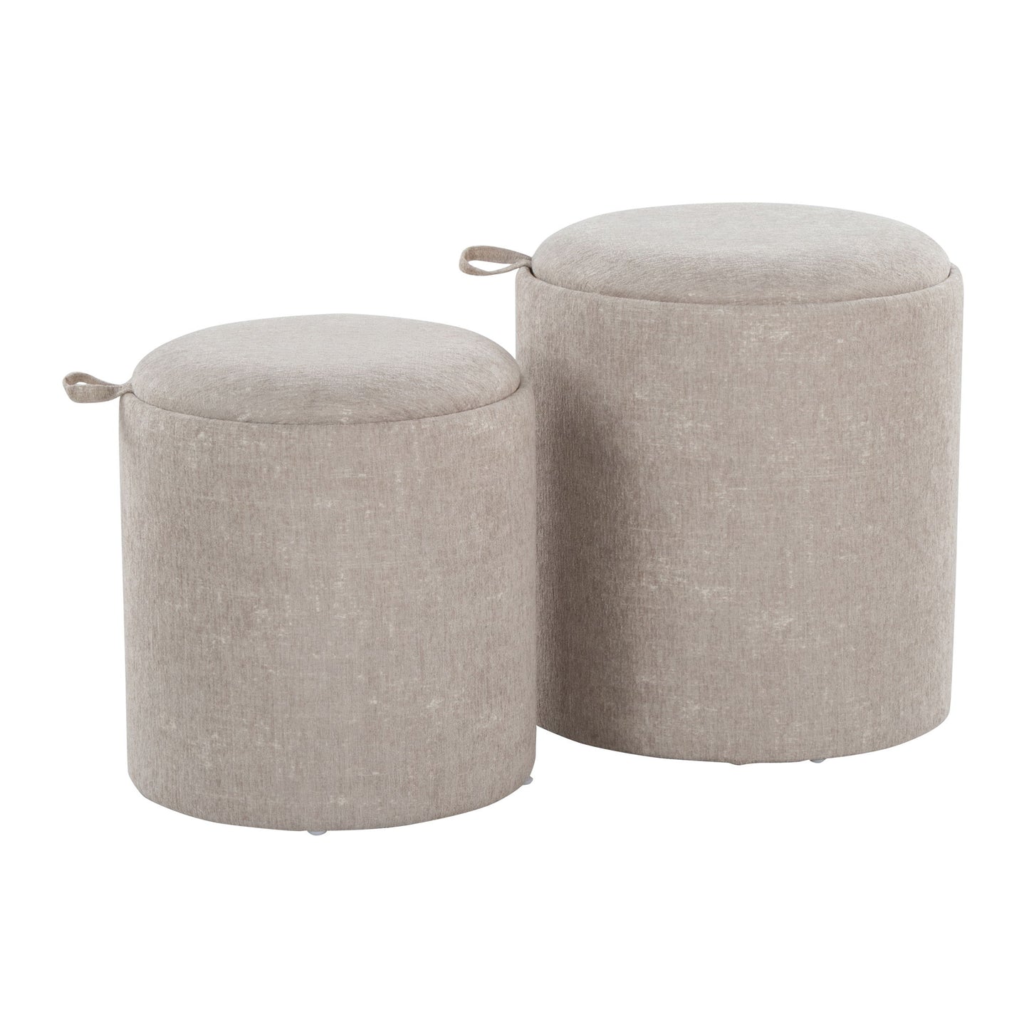The Tray - Contemporary Nesting Ottoman Set includes two round, beige fabric ottomans. Each features a small loop handle on the lid, with one ottoman slightly taller and larger than the other for easy nesting.