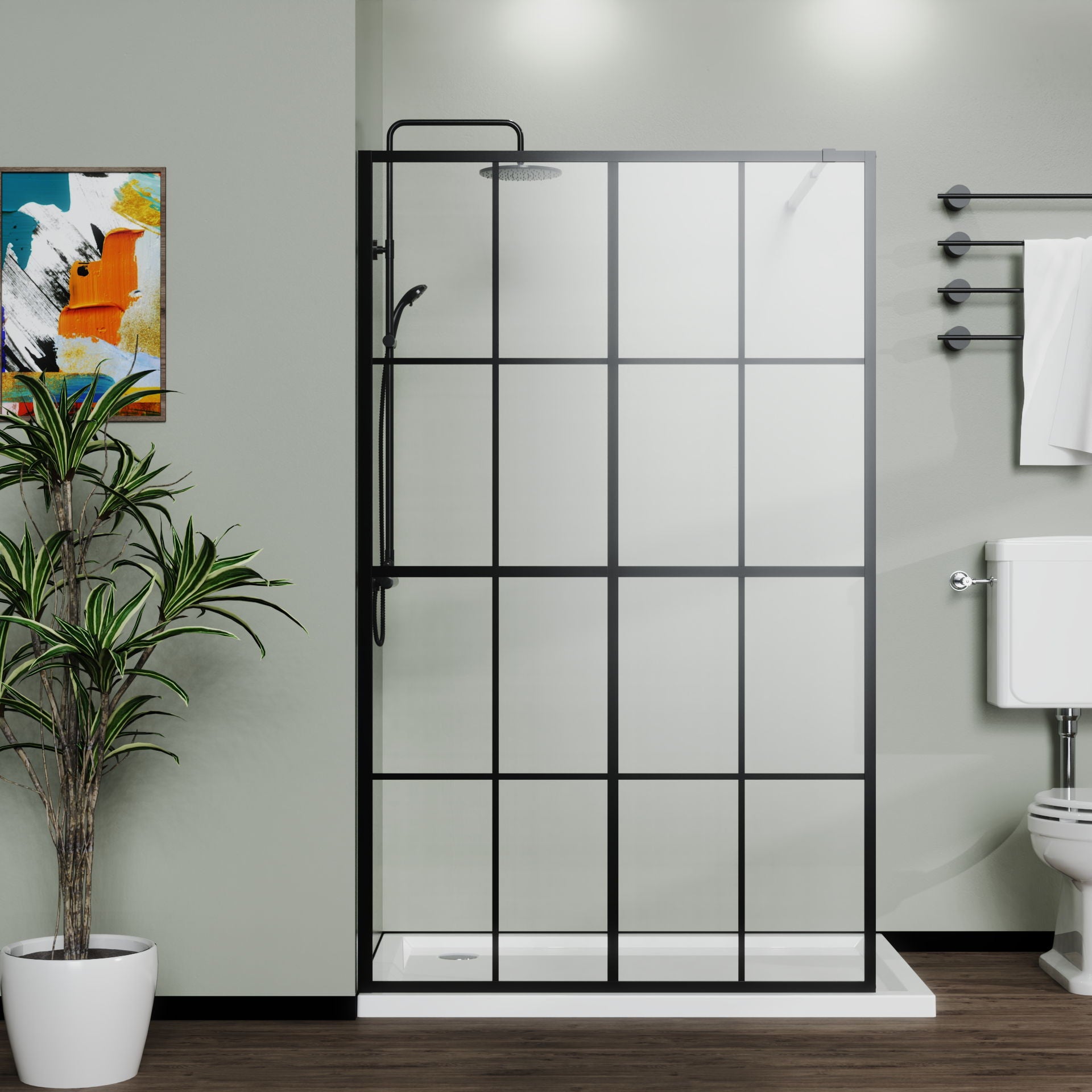 A modern bathroom with the Shower Screen Walk In Wet Room - Black featuring a black grid frame, wall-mounted showerhead, white toilet, towel on a rail, potted plant, and abstract art on a green wall.