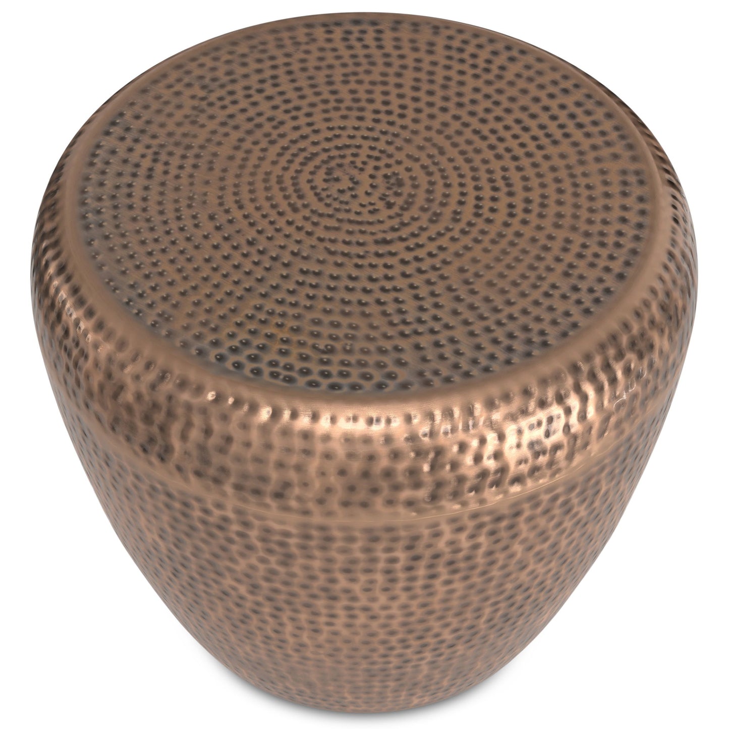 The Preston - Handcrafted Metal Side Table features a round, metallic design with a hammered copper finish and a textured, dimpled surface.