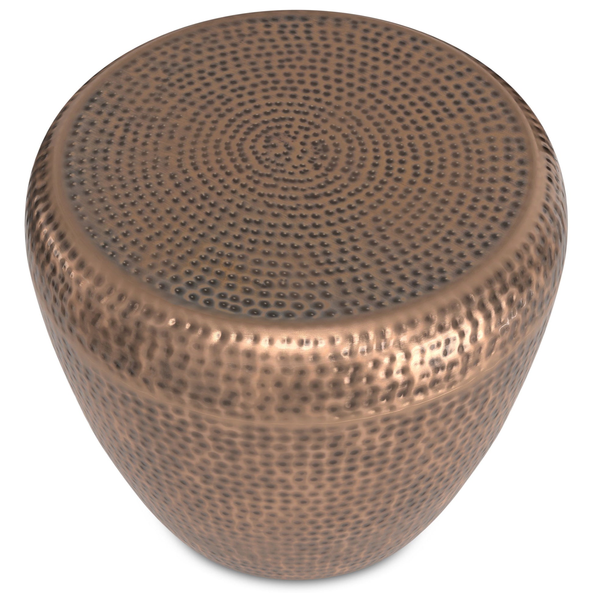 The Preston - Handcrafted Metal Side Table features a round, metallic design with a hammered copper finish and a textured, dimpled surface.