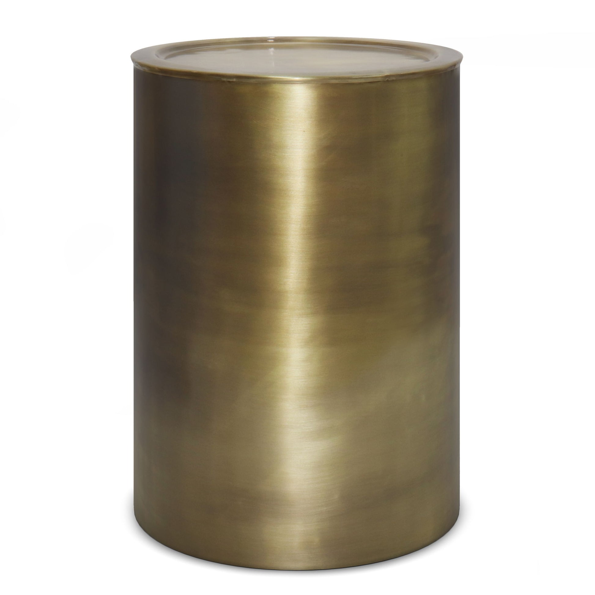 The Corbin Handcrafted Metal Side Table features a cylindrical brass design with a smooth, slightly reflective finish, displayed against a plain white background.