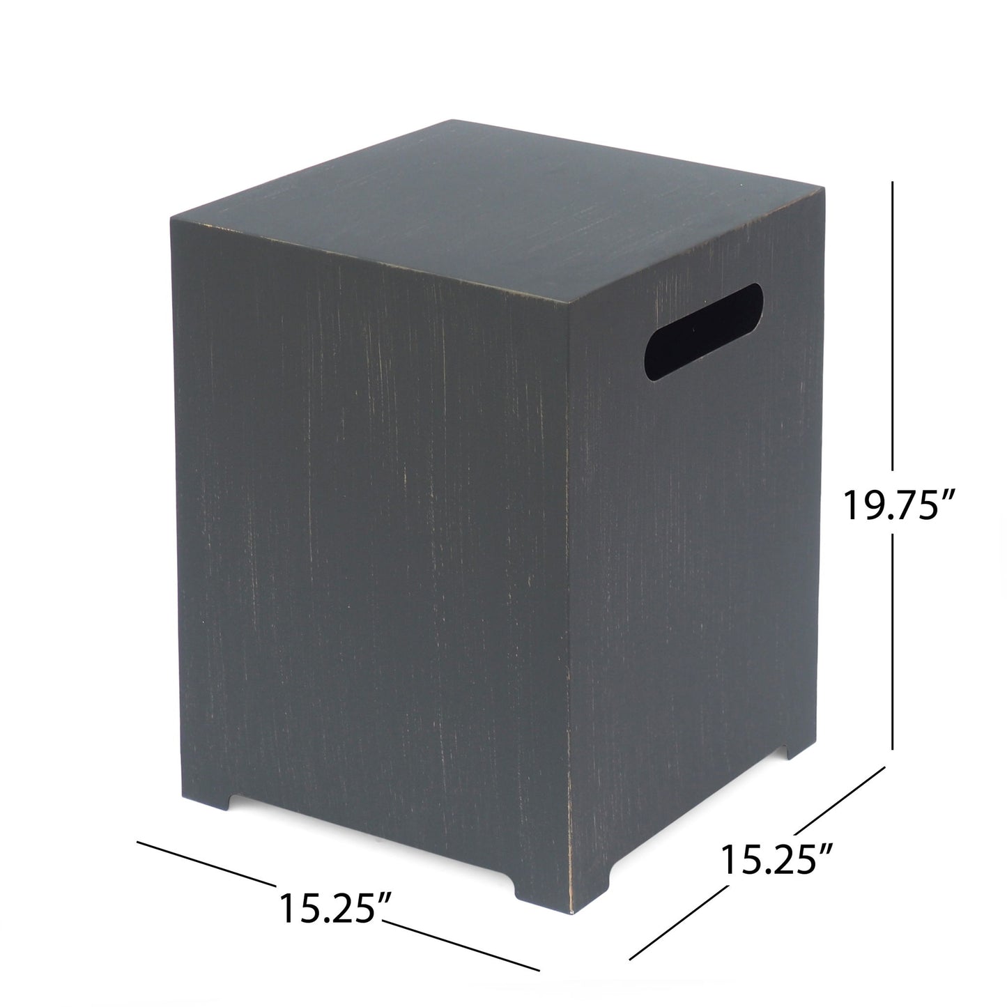 The Modern Tank Holder Side Table features a dark wood square design with a side handle cutout and a powder-coated frame. It measures 19.75” high and 15.25” wide and deep.