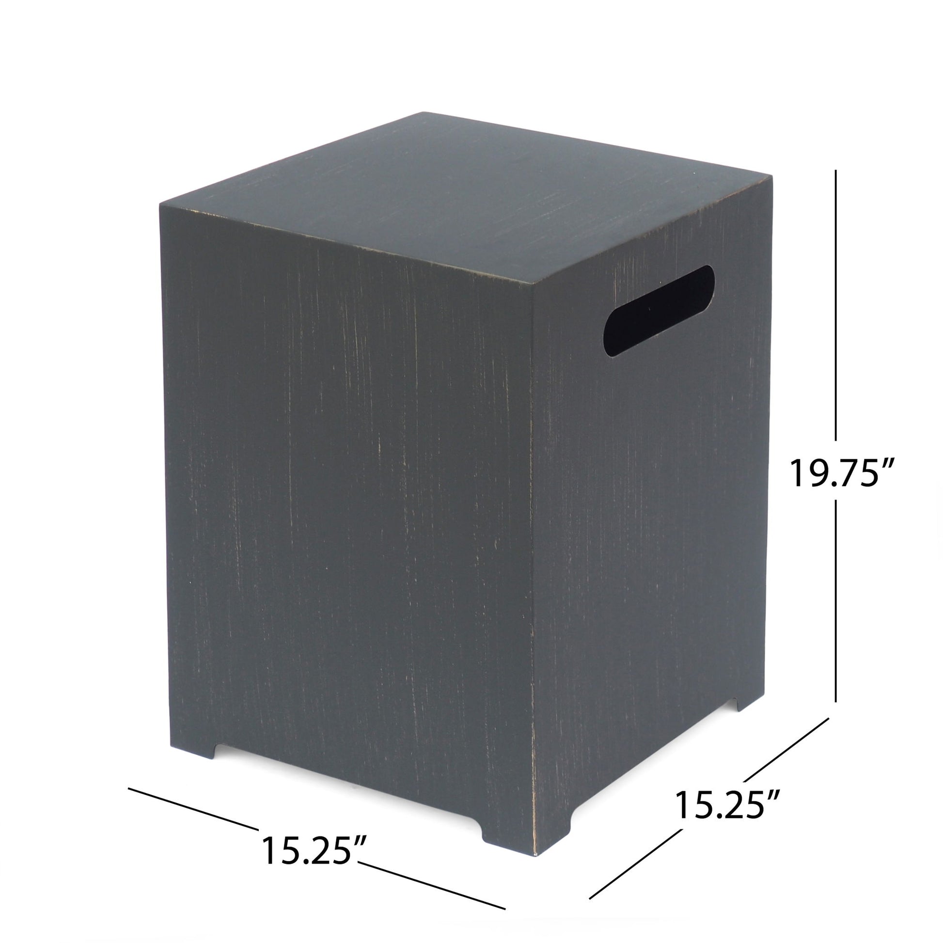 The Modern Tank Holder Side Table features a dark wood square design with a side handle cutout and a powder-coated frame. It measures 19.75” high and 15.25” wide and deep.