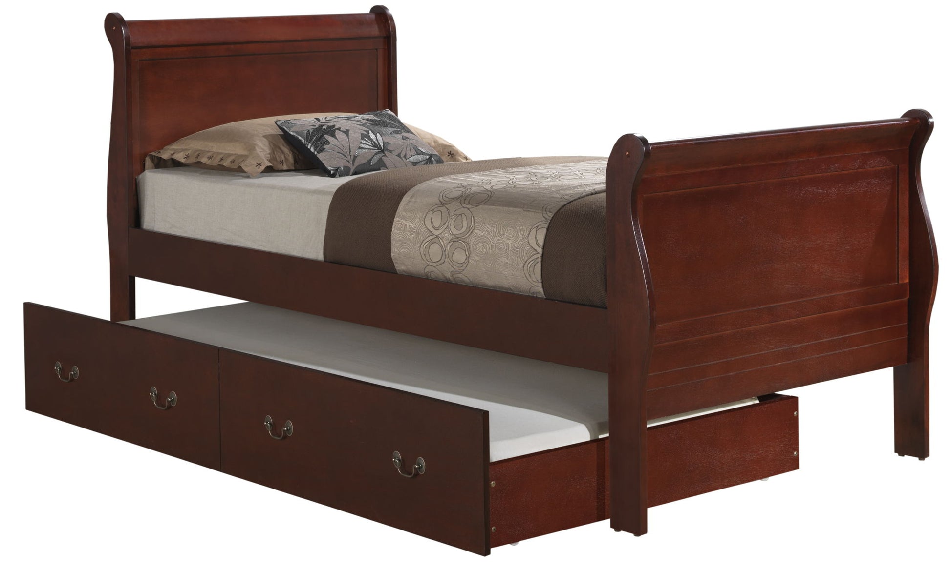 The Elegant Trundle Bed With Timeless Charm is a wooden sleigh-style twin bed featuring a beige and brown comforter, pillows, an extendable trundle bed, and drawers underneath.