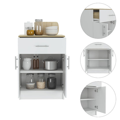 The Pantry Organizer Cabinet features one drawer, two interior shelves, and two doors in white/light oak. Close-ups highlight the drawer and shelves with jars and cookware; the top holds jars, bowls, and a cutting board.