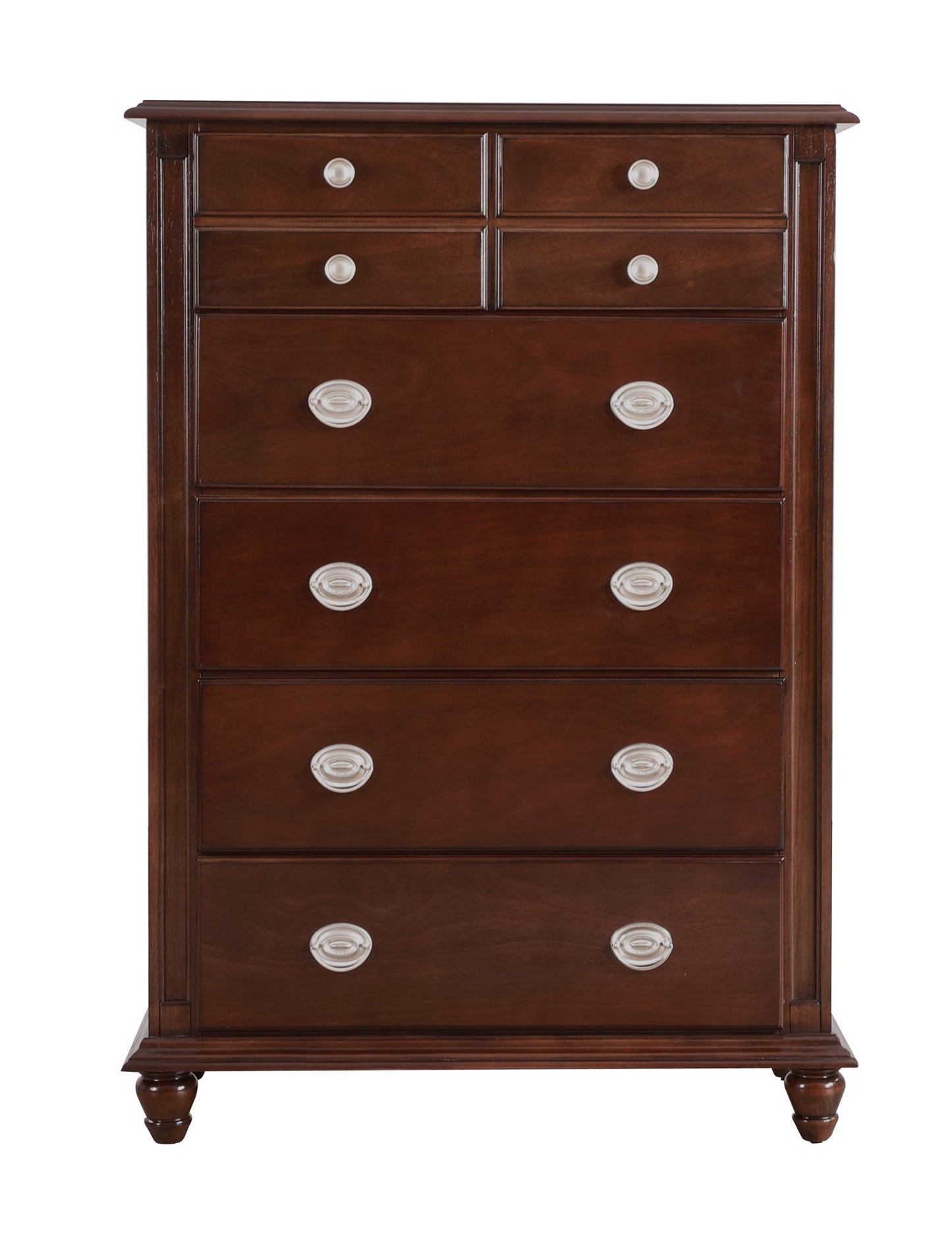 The Elegant Storage Chest Enhancing Your Space is a tall, dark wooden dresser featuring four small top drawers and four large bottom drawers with round or oval silver handles, all supported by short decorative legs.