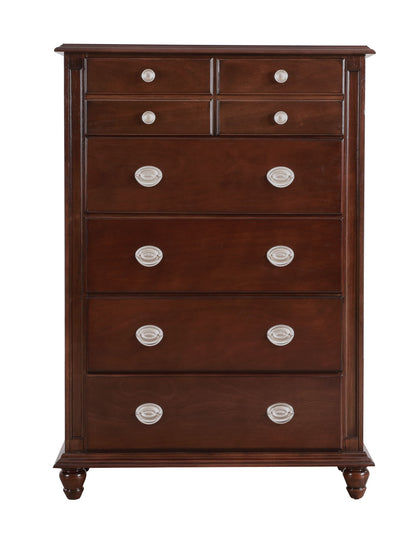 The Elegant Storage Chest Enhancing Your Space is a tall, dark wooden dresser featuring four small top drawers and four large bottom drawers with round or oval silver handles, all supported by short decorative legs.