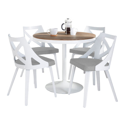 The Dakota Charlotte 5 Piece Contemporary Design Dining Set features a round wooden table with a white pedestal base and four white chairs with gray cushions, styled here with a French press and three white mugs on the tabletop.