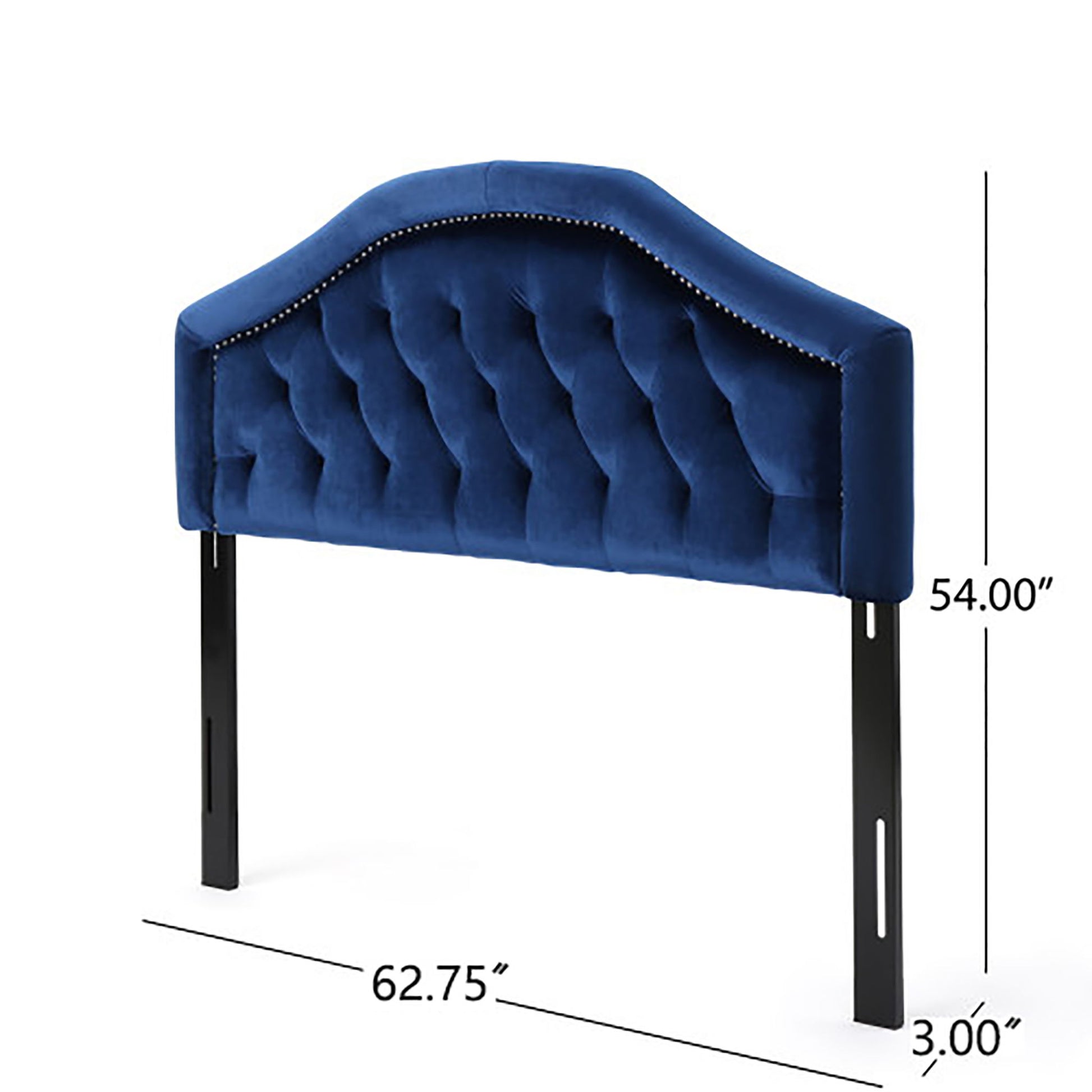 The Kaarina - Contemporary Tufted Fabric Headboard features blue velvet upholstery, nailhead trim, black legs, and measures 62.75"W x 54"H x 3"D.