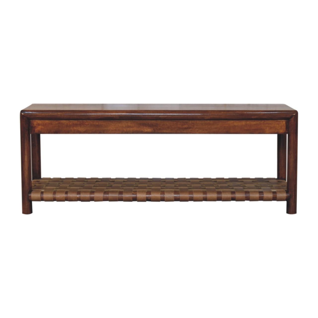 The Regency - Woven Bench - Brown features a smooth rectangular wooden top, sturdy legs, and a woven lower shelf for storage, all in a rich brown finish.