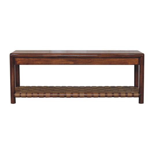 The Regency - Woven Bench - Brown features a smooth rectangular wooden top, sturdy legs, and a woven lower shelf for storage, all in a rich brown finish.