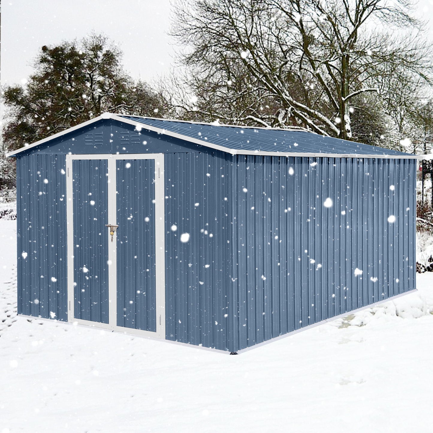 A 10' x 12' Garden Sheds Outdoor Storage Shed in blue with white trim stands on snow-covered ground amid leafless trees as snow falls in a winter landscape.