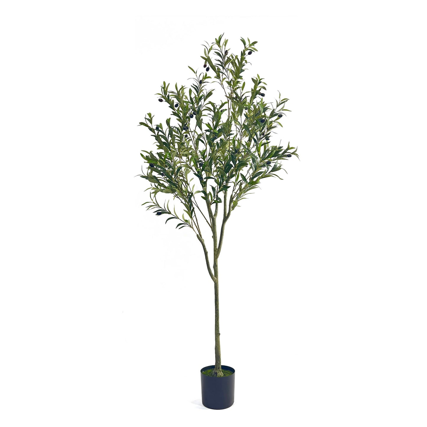The Artificial Olive Tree is a tall faux plant with slender branches and dark green leaves, displayed in a simple black round planter against a plain white background.
