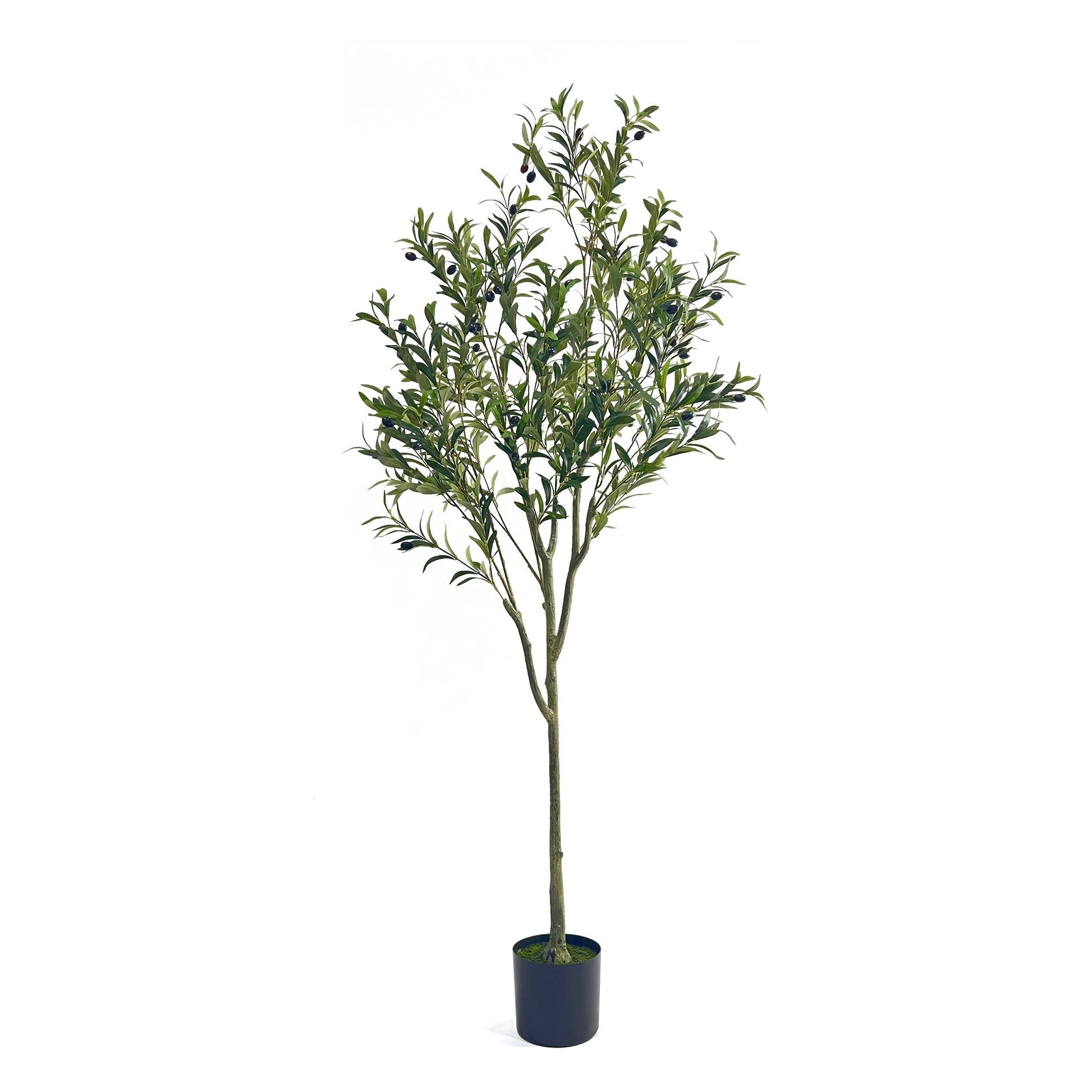 The Artificial Olive Tree is a tall faux plant with slender branches and dark green leaves, displayed in a simple black round planter against a plain white background.