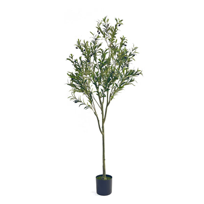 The Artificial Olive Tree is a tall faux plant with slender branches and dark green leaves, displayed in a simple black round planter against a plain white background.