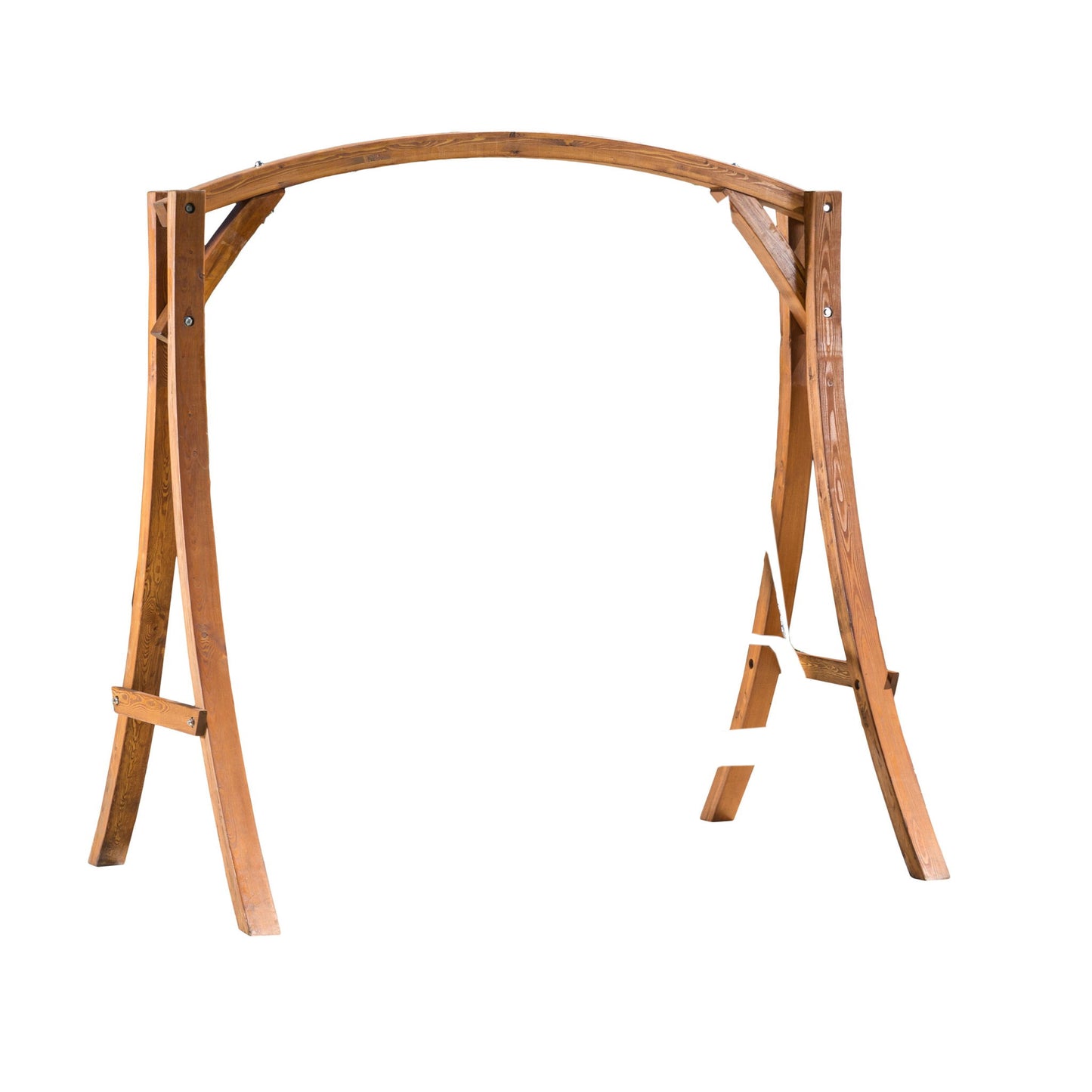 The San Juan - Outdoor Swinging Loveseat With Support features an arched wooden frame with angled legs for outdoor use. The empty frame, shown without a seat or swing attached, is displayed against a white background.