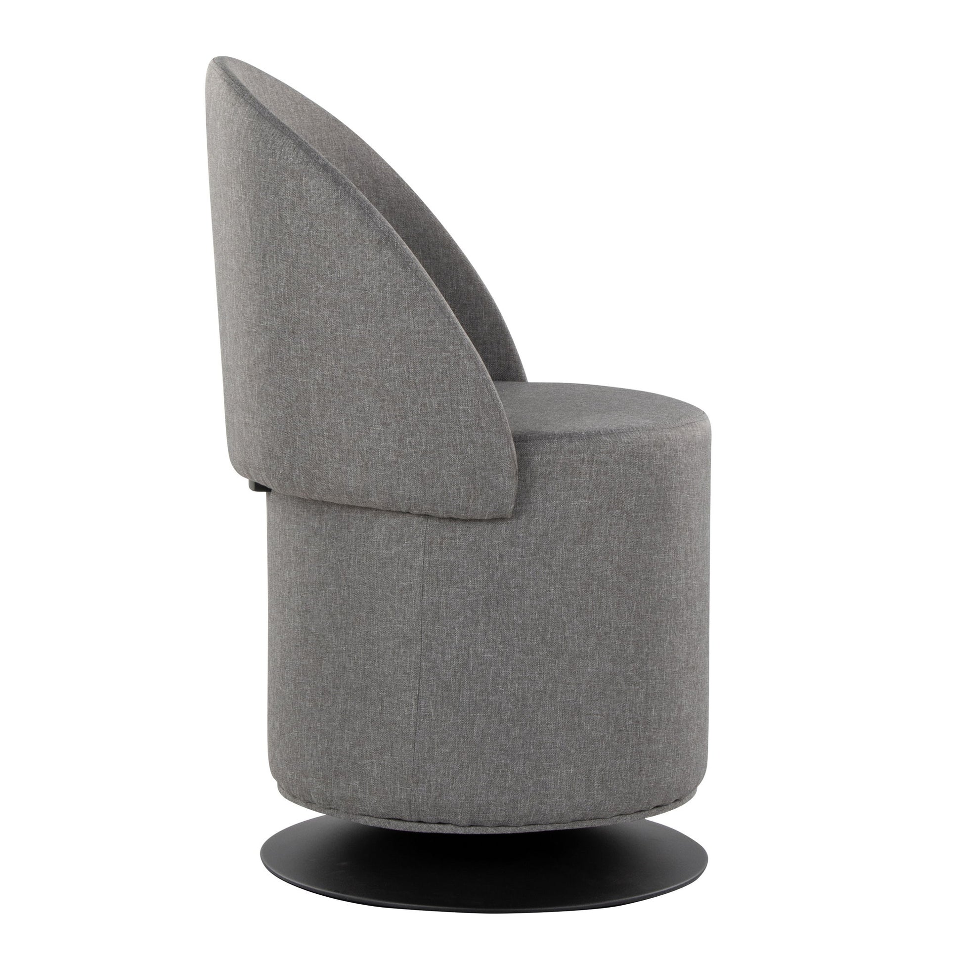 Side view of the Finch - Contemporary Chair, a modern grey upholstered swivel chair with a rounded seat, angled backrest, and circular black base.
