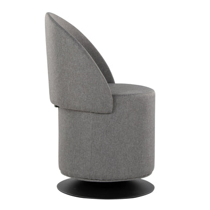 Side view of the Finch - Contemporary Chair, a modern grey upholstered swivel chair with a rounded seat, angled backrest, and circular black base.