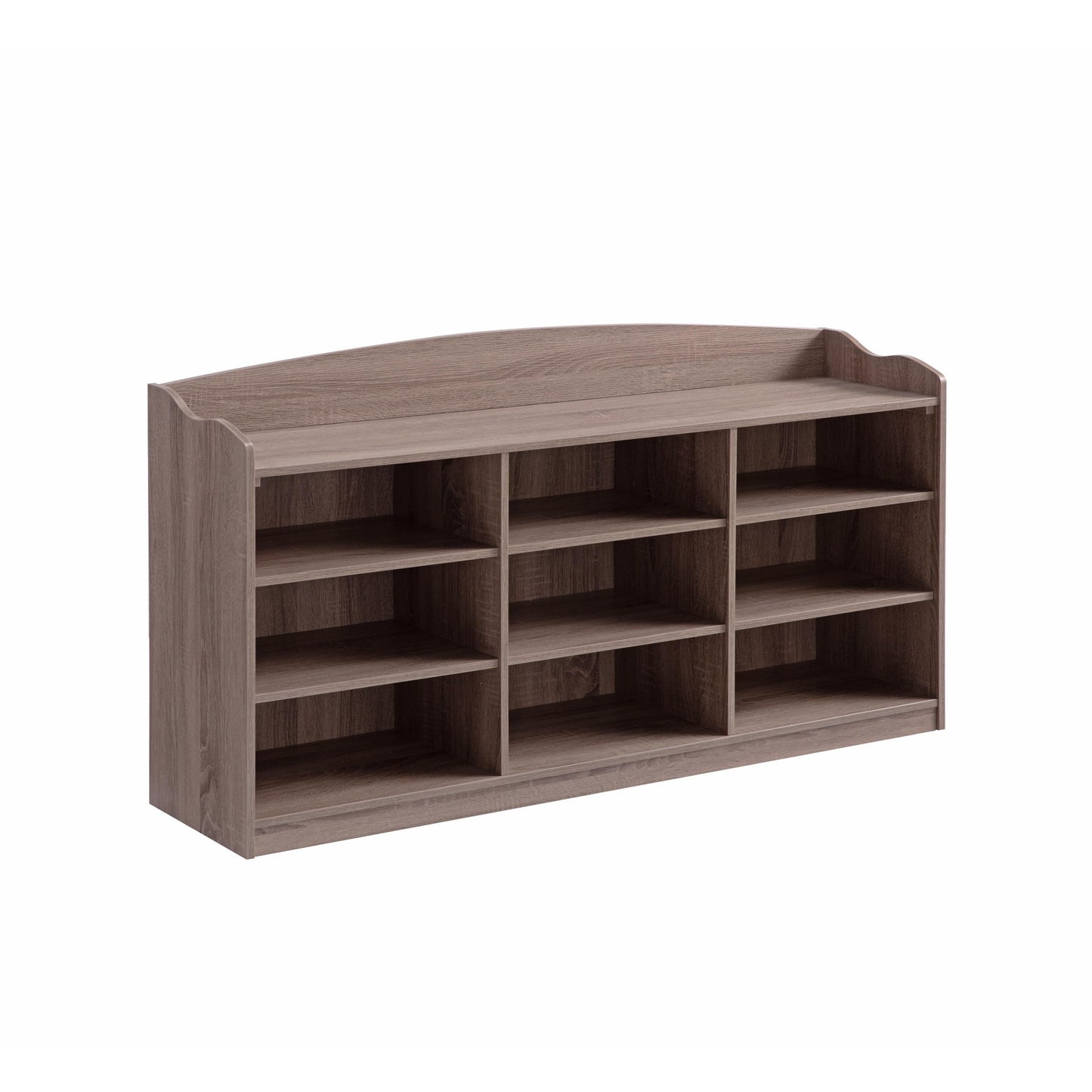 The Entryway Shoe Storage Bench features nine open rectangular shelves arranged in three columns with a slightly curved top and a natural wood finish, ideal as an entryway organizer.