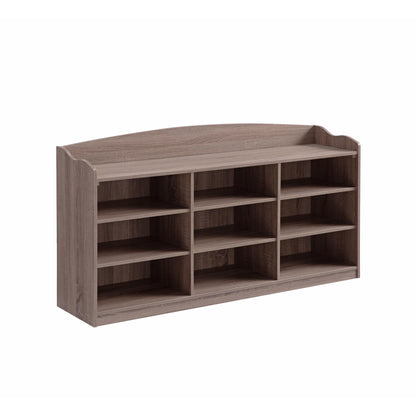 The Entryway Shoe Storage Bench features nine open rectangular shelves arranged in three columns with a slightly curved top and a natural wood finish, ideal as an entryway organizer.